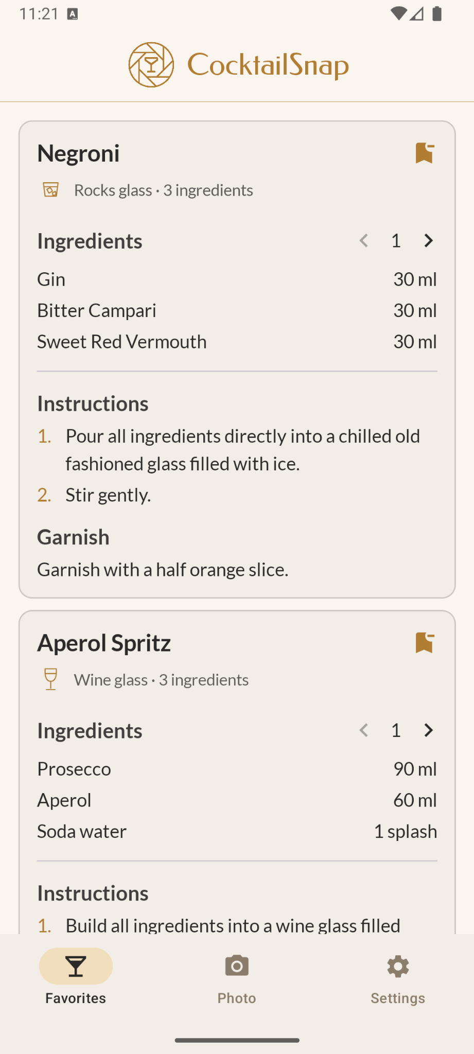 The refined CocktailSnap recipe list using native Android components