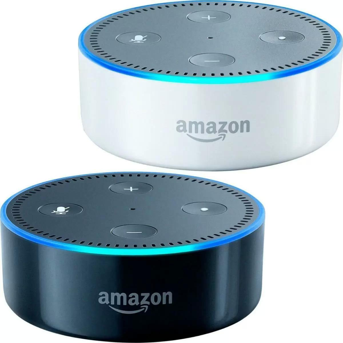White and black second-generation Amazon Echo Dots with blue light rings.